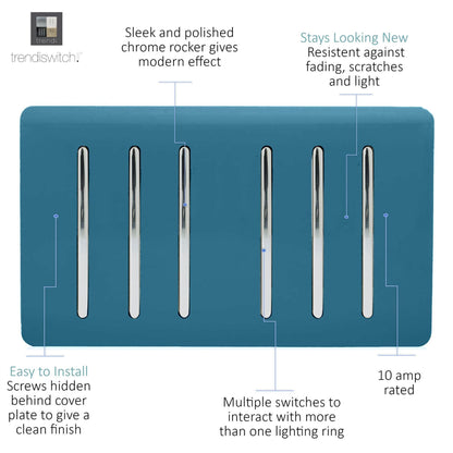 Trendi Artistic Modern Glossy 6 Gang 2 Way Rocker Double Plate Tactile Light Switch Ocean Blue