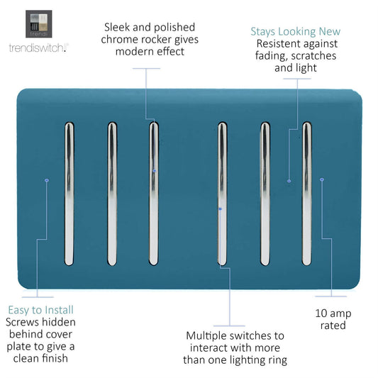 Trendi Artistic Modern Glossy 6 Gang 2 Way Rocker Double Plate Tactile Light Switch Ocean Blue