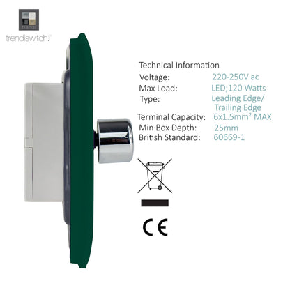 Trendi 1 Gang 2 Way 240V 100w LED Dimmer Screwless Raised Front Plate Plastic Artistic Modern Glossy 10 Amp Chrome Single Electrical Wall Light Switch in Dark Forest Green - ART-LDMDG
