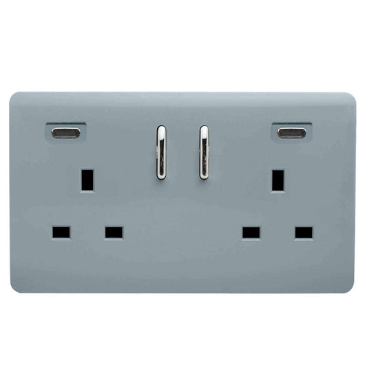 Cool Grey Screwless 2 Gang Switched Double Socket 13A With 2 x USB-C 24W (Shared), (35mm Back Box Req.), 10yrs Warranty