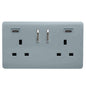 Cool Grey Screwless 2 Gang Switched Double Socket 13A With 2 x USB-C 24W (Shared), (35mm Back Box Req.), 10yrs Warranty