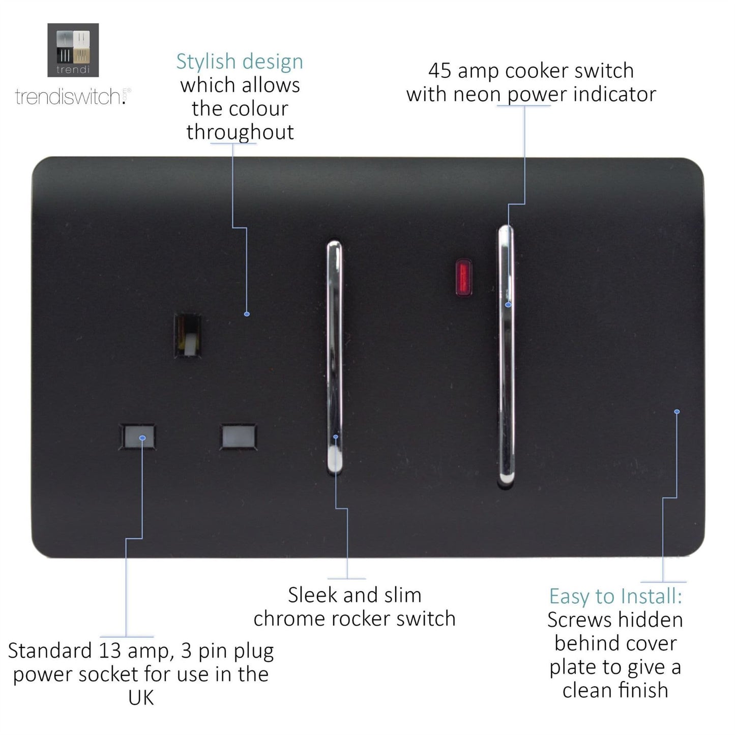 Trendi Artistic Modern Glossy 45 A Cooker Switch & Plug Socket Inc Neon Insert Matt Black