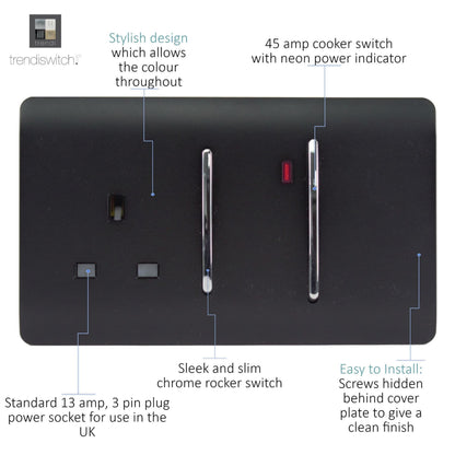 Trendi Artistic Modern Glossy 45 A Cooker Switch & Plug Socket Inc Neon Insert Matt Black
