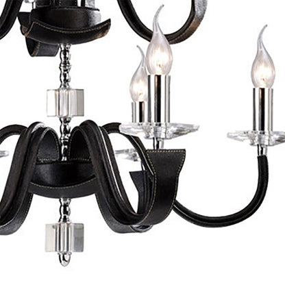 Diyas Nardini 65cm  2 Tier 9 Light E14 Polished Chrome/Black Faux Leather/Crystal Ceiling Pendant Light Fitting