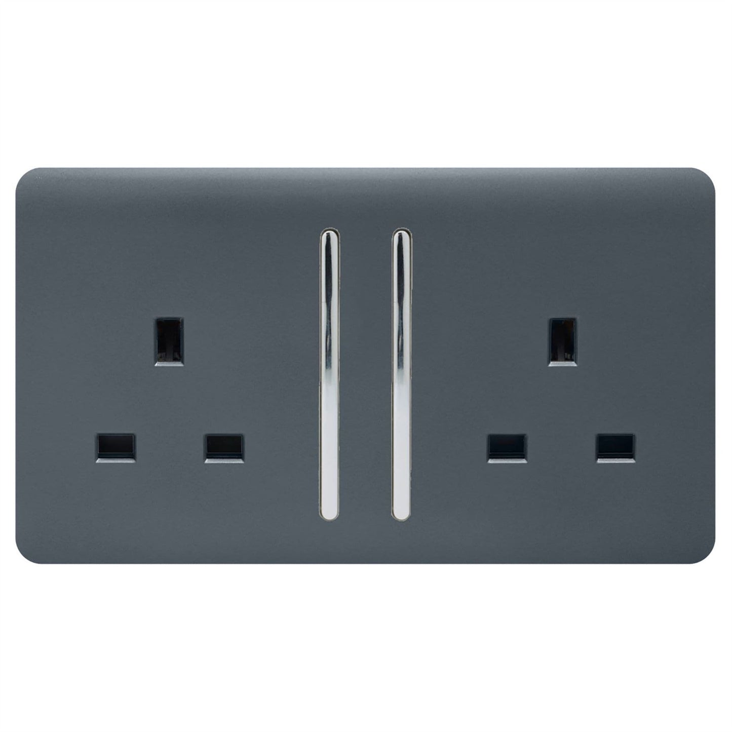 Trendi 2 Gang Raised Artistic Modern Glossy Screwless 13 Amp Single Pole with Chrome Switched UK Standard Electrical Double Wall Plug Socket in Warm Grey - ART-SKT213LWG