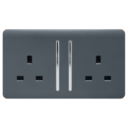 Trendi 2 Gang Raised Artistic Modern Glossy Screwless 13 Amp Single Pole with Chrome Switched UK Standard Electrical Double Wall Plug Socket in Warm Grey - ART-SKT213LWG