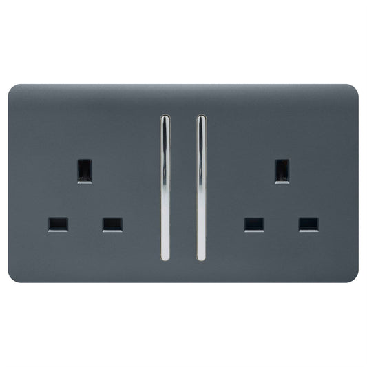 Trendi 2 Gang Raised Artistic Modern Glossy Screwless 13 Amp Single Pole with Chrome Switched UK Standard Electrical Double Wall Plug Socket in Warm Grey - ART-SKT213LWG