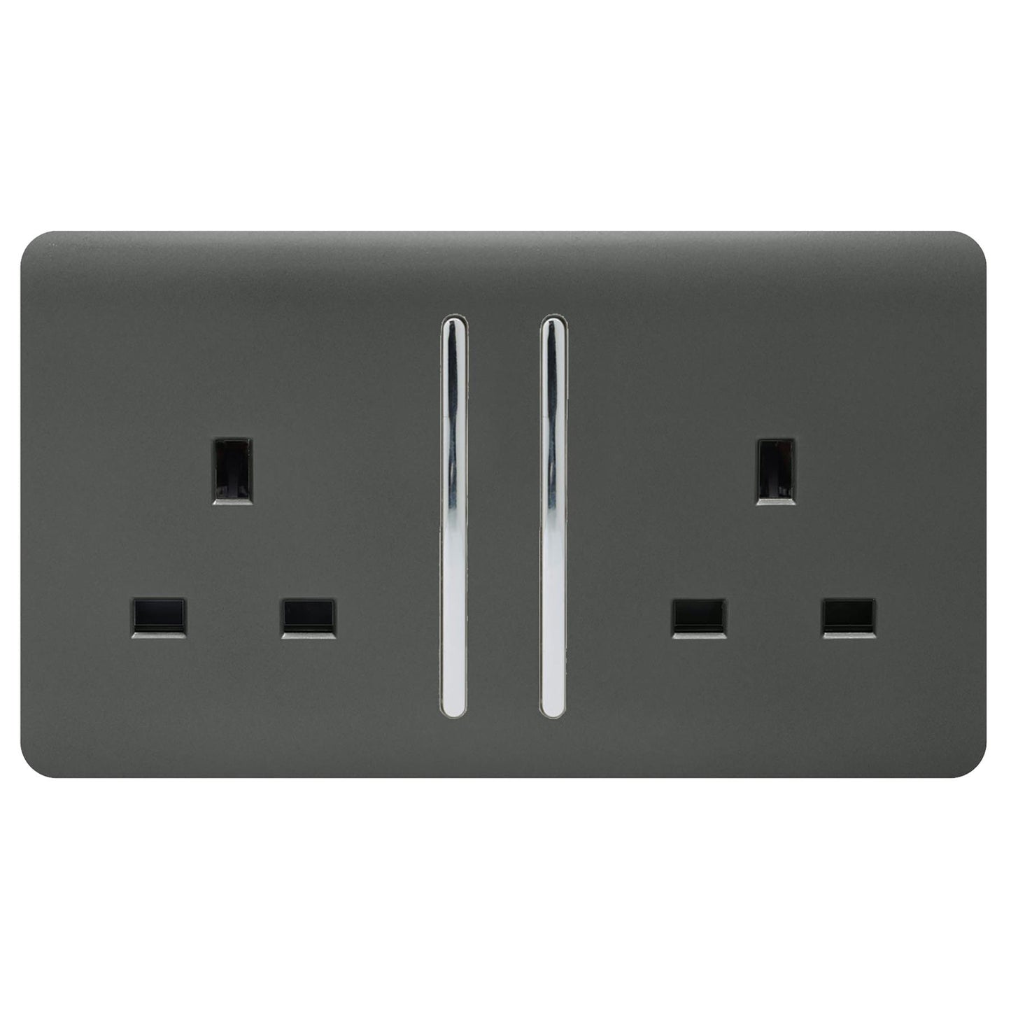 Trendi 2 Gang Artistic Modern Glossy 13 Amp Switched Tactile Plug Socket Charcoal (7 Pack)