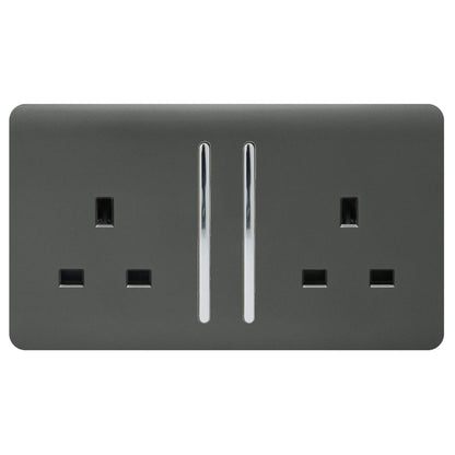 Trendi 2 Gang Artistic Modern Glossy 13 Amp Switched Tactile Plug Socket Charcoal (7 Pack)