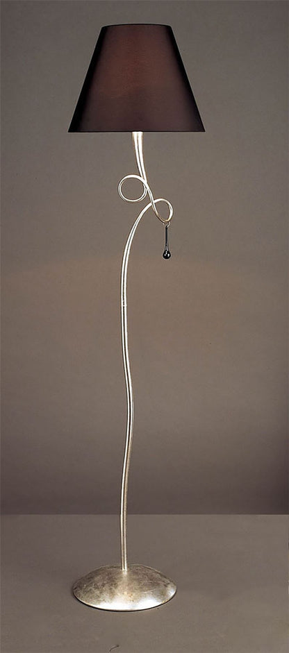 Mantra Paola Floor Lamp 1 Light E27, Silver Painted with Black Shade & Black Glass Droplets