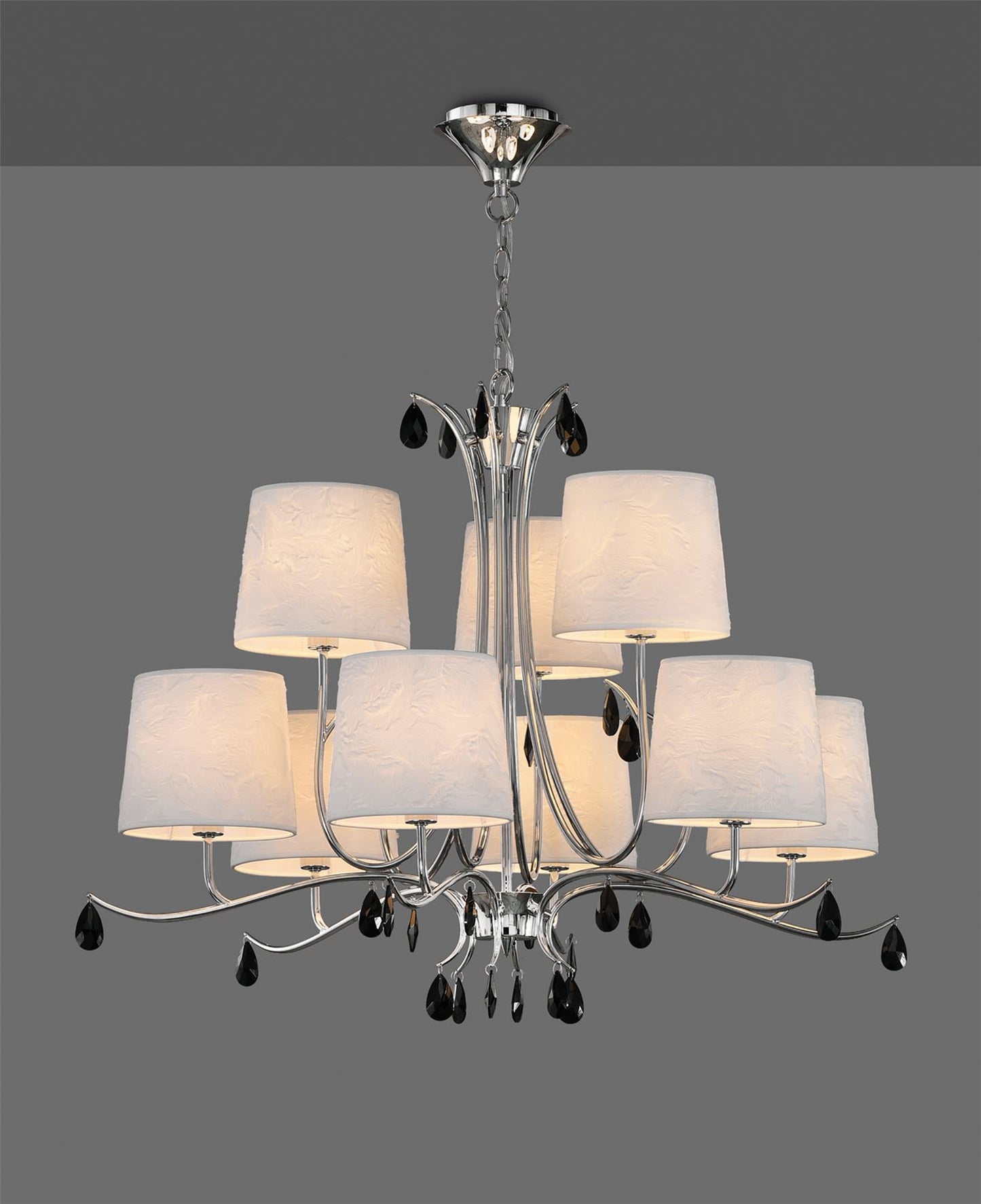 Mantra M6311 Andrea Pendant 88cm Round, 6+3 x E14 (Max 20W), Polished Chrome, White Shades, Black Crystal Droplets