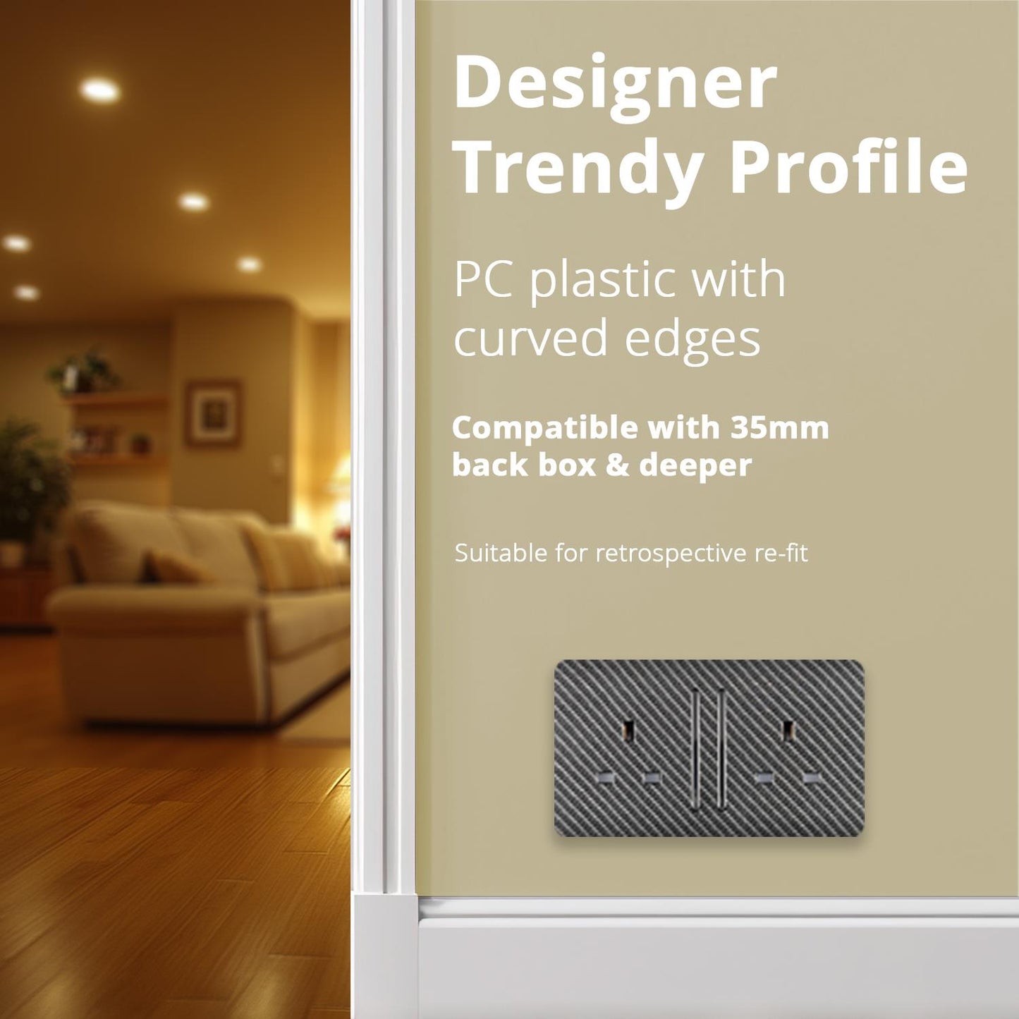 Trendi 2 Gang Raised Artistic Modern Glossy Screwless 13 Amp Single Pole with Chrome Switched UK Standard Electrical Double Wall Plug Socket in Carbon Fibre - ART-SKT213LCF