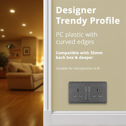 Trendi 2 Gang Raised Artistic Modern Glossy Screwless 13 Amp Single Pole with Chrome Switched UK Standard Electrical Double Wall Plug Socket in Carbon Fibre - ART-SKT213LCF