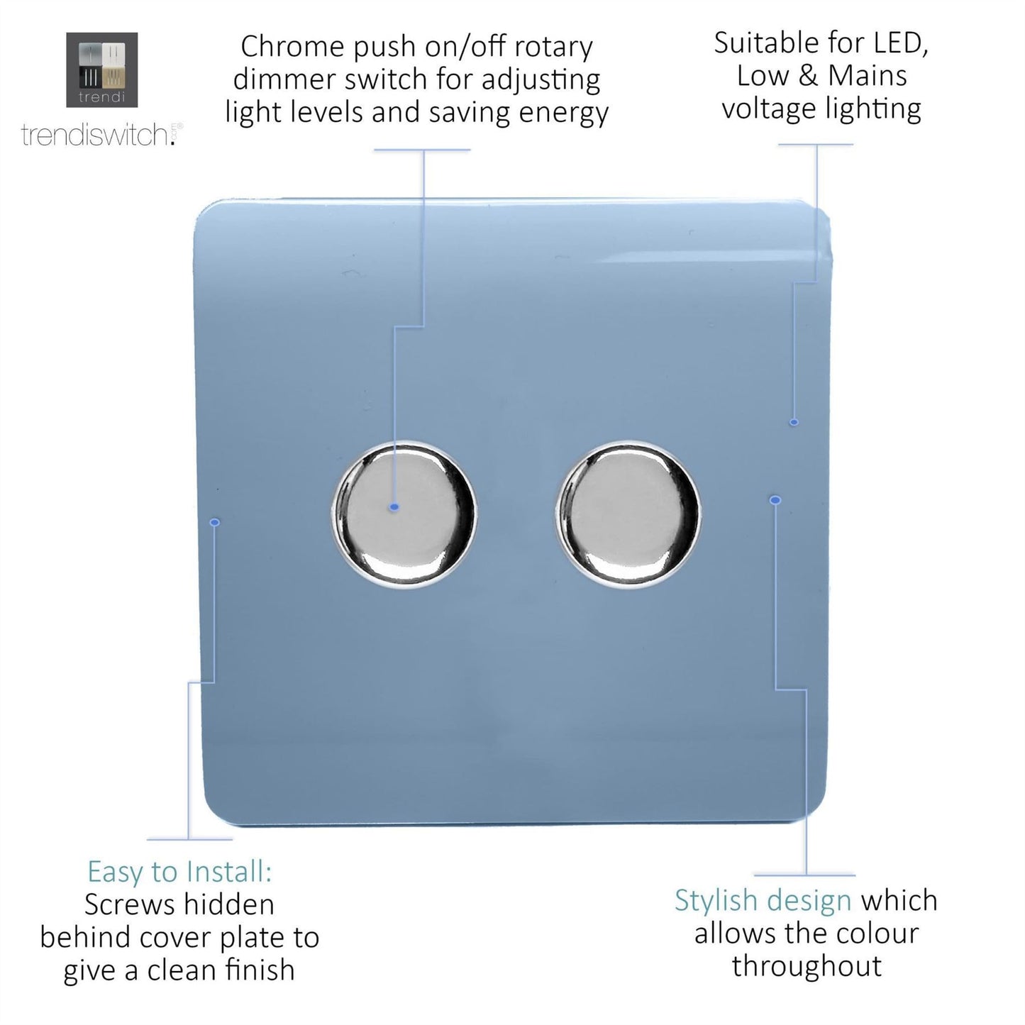 Trendi 2 Gang 2 Way 240V 100w LED Dimmer Screwless Raised Front Plate Plastic Artistic Modern Glossy 10 Amp Chrome Single Electrical Wall Light Switch in Sky - ART-2LDMSK