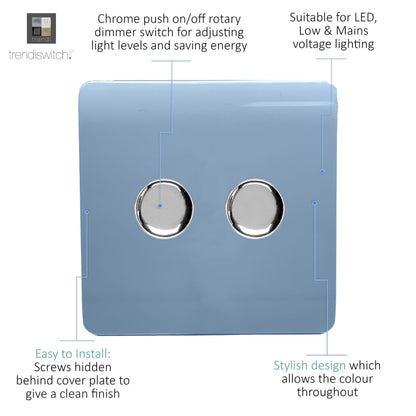 Trendi 2 Gang 2 Way 240V 100w LED Dimmer Screwless Raised Front Plate Plastic Artistic Modern Glossy 10 Amp Chrome Single Electrical Wall Light Switch in Sky - ART-2LDMSK