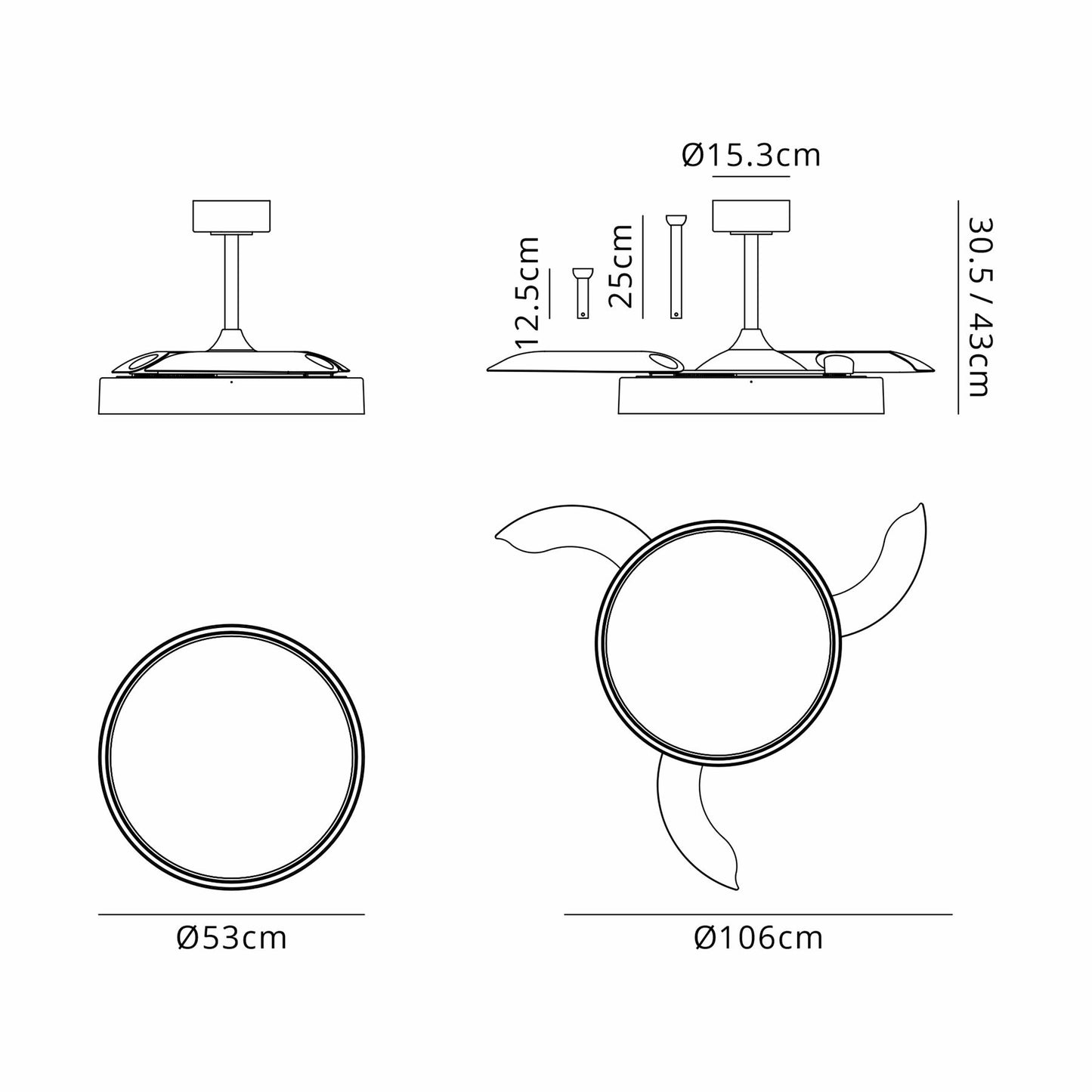 Glass Fan 53cm 40W LED Dimmable Ceiling Light With Built-In 30W DC Fan, 3000-5000K Remote Control, 6400lm, White/Clear, 5yrs Warranty
