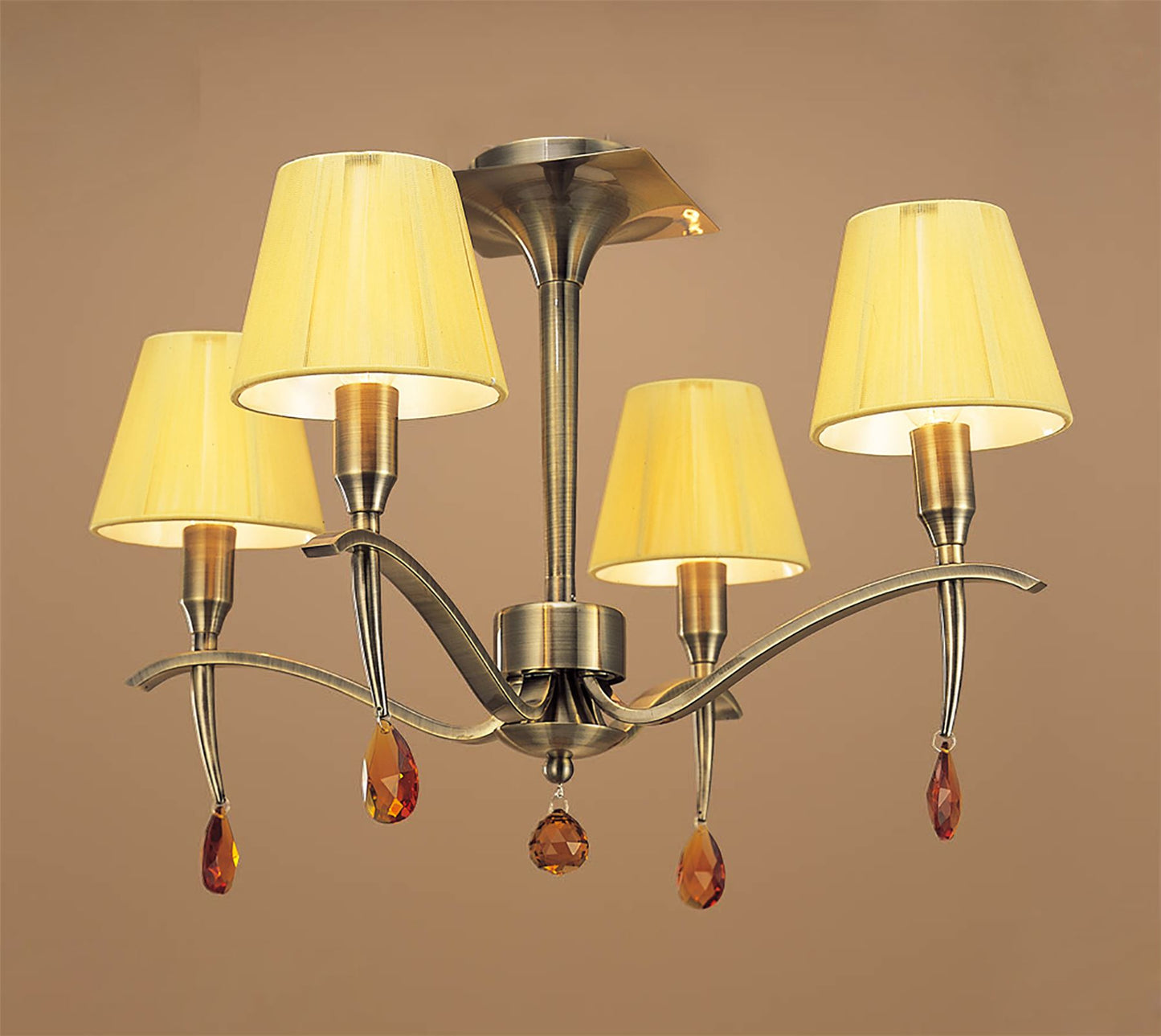 Mantra Siena 55cm Semi Flush Round 4 Light E14, Antique Brass with Amber Cream Shades and Amber Crystal