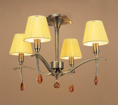 Mantra Siena 55cm Semi Flush Round 4 Light E14, Antique Brass with Amber Cream Shades and Amber Crystal