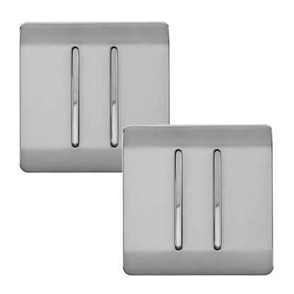 Trendi 2 Gang 2 Way 240V Screwless Artistic Modern Glossy 10 Amp Chrome Rocker Electrical Wall Light Switch in Brushed Steel (2 pack)