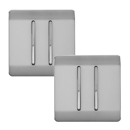 Trendi 2 Gang 2 Way 240V Screwless Artistic Modern Glossy 10 Amp Chrome Rocker Electrical Wall Light Switch in Brushed Steel (2 pack)