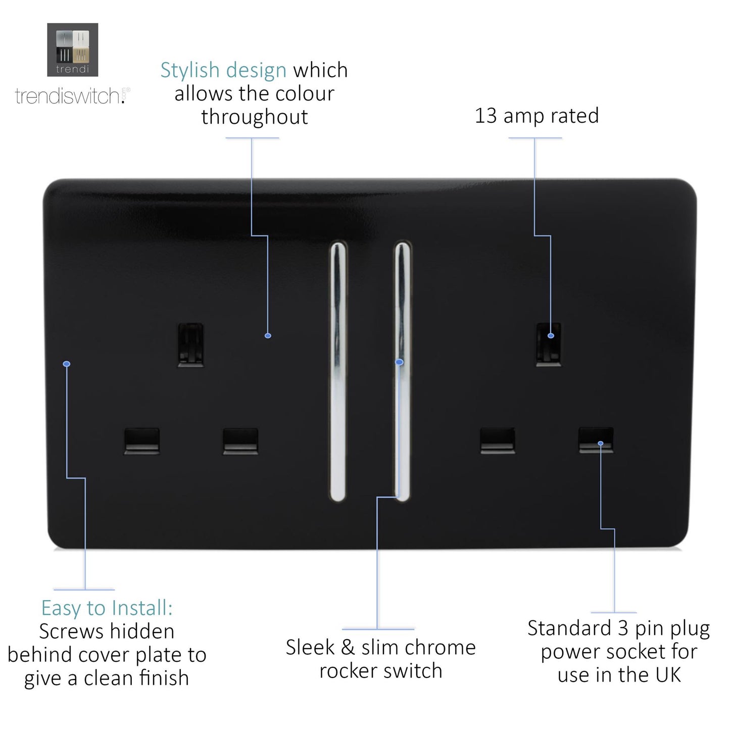 Trendi 2 Gang Artistic Modern Glossy 13 Amp Switched Tactile Plug Socket Piano Black (3 Pack)
