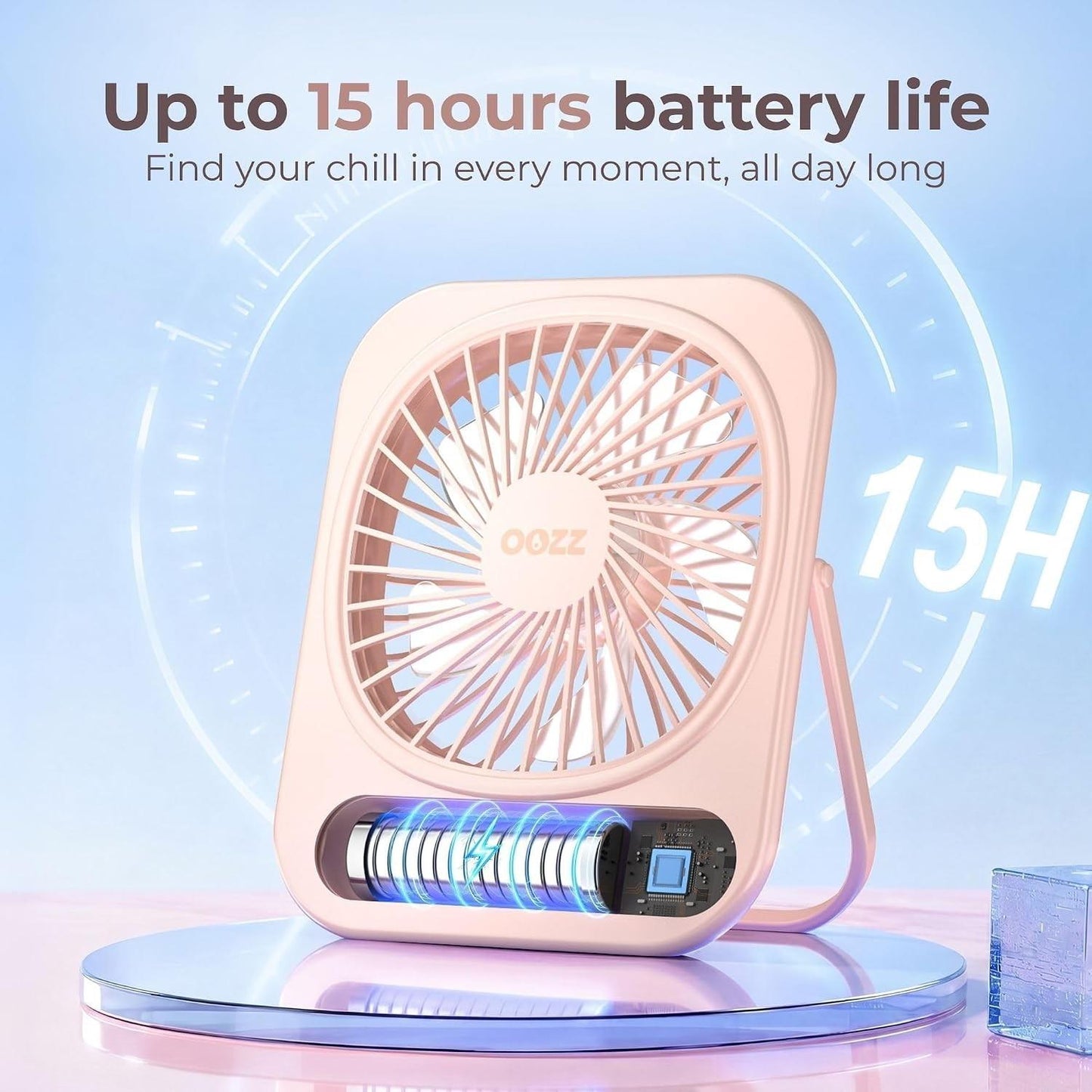 OOZZ Ultra-Slim Portable Desk Fan, Compact Personal Cooling Fan, Stepless Speed Control, USB-C Rechargeable Battery, Quiet Operation for Home & Office, OZ-4122 (Pink)