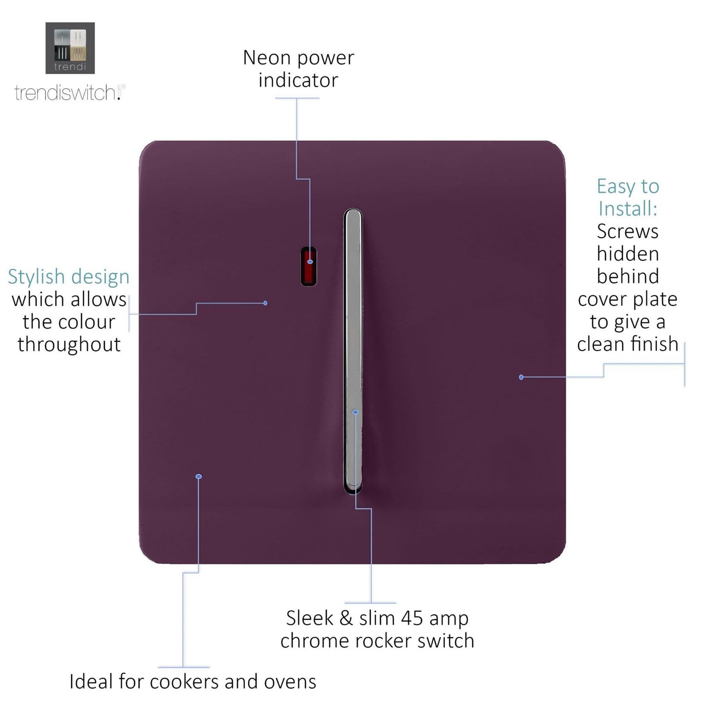 Trendi Artistic Modern Glossy 20 A Tactile Light Switch & Neon Insert Plum