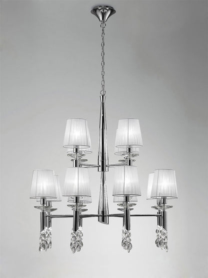 Mantra M3850 Tiffany Pendant 2 Tier 12+12 Light E14+G9, Polished Chrome with White Shades & Clear Crystal