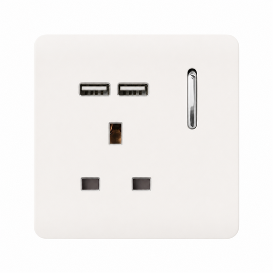 Trendi 1 Gang 13 Amp 2x2.1mA USB Switched Plug Socket in Matt White - ART-SKT13USBMWH