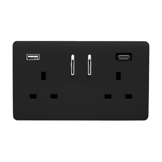 Trendi Switch 2 Gang Type A & C USB 3100mA Modern Designer Plug Socket in Matt Black