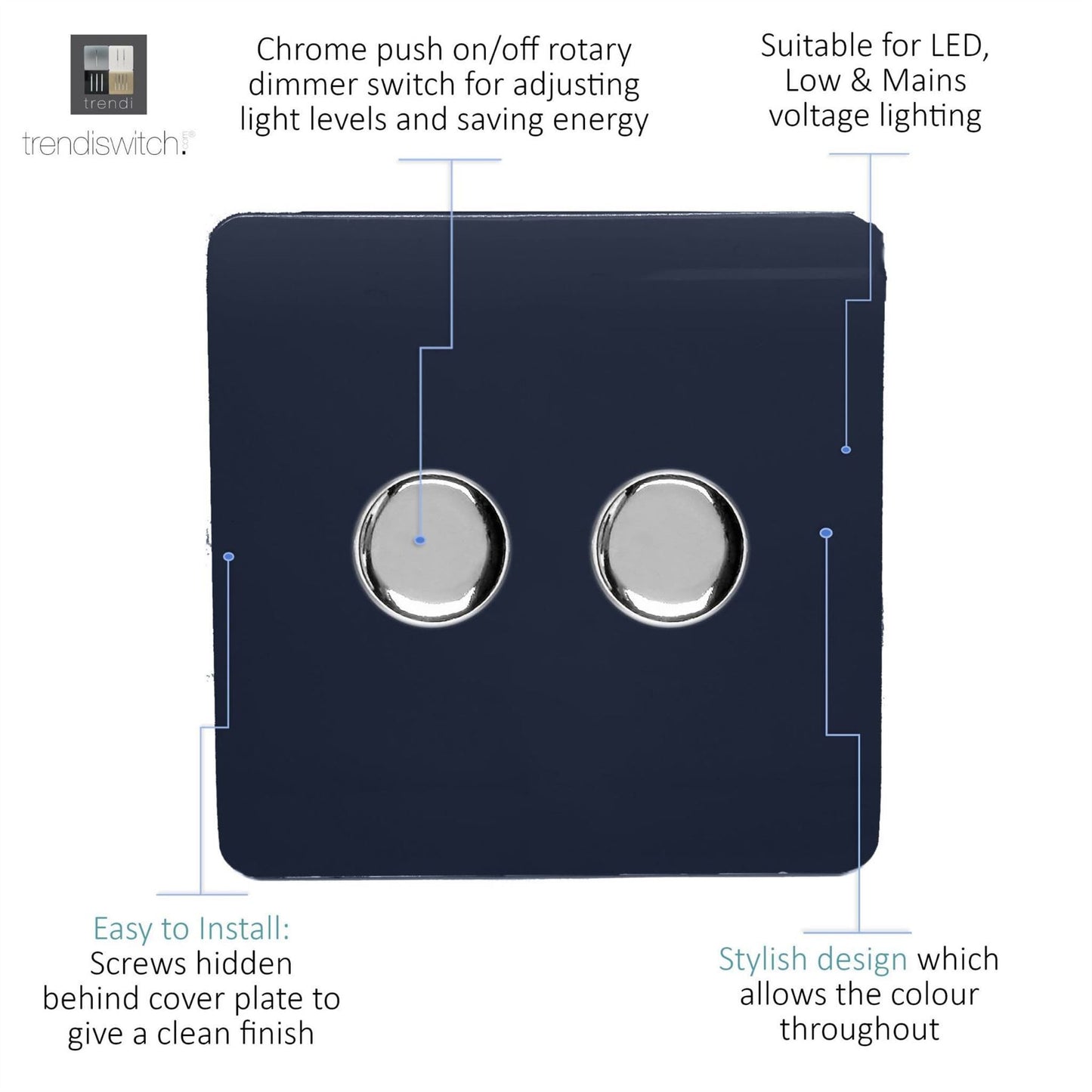 Trendi 2 Gang 2 Way 240V 100w LED Dimmer Screwless Raised Front Plate Plastic Artistic Modern Glossy 10 Amp Chrome Single Electrical Wall Light Switch in Navy - ART-2LDMNV