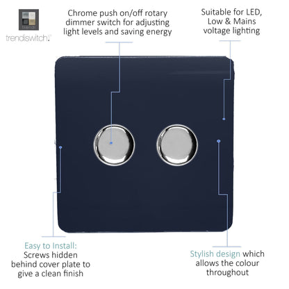 Trendi 2 Gang 2 Way 240V 100w LED Dimmer Screwless Raised Front Plate Plastic Artistic Modern Glossy 10 Amp Chrome Single Electrical Wall Light Switch in Navy - ART-2LDMNV