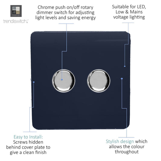 Trendi 2 Gang 2 Way 240V 100w LED Dimmer Screwless Raised Front Plate Plastic Artistic Modern Glossy 10 Amp Chrome Single Electrical Wall Light Switch in Navy - ART-2LDMNV