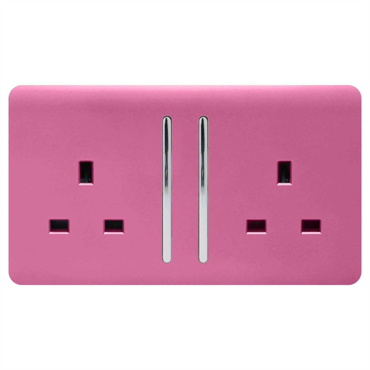 Trendi 2 Gang Raised Artistic Modern Glossy Screwless 13 Amp Single Pole with Chrome Switched UK Standard Electrical Double Wall Plug Socket in Candy Pink - ART-SKT213LPK