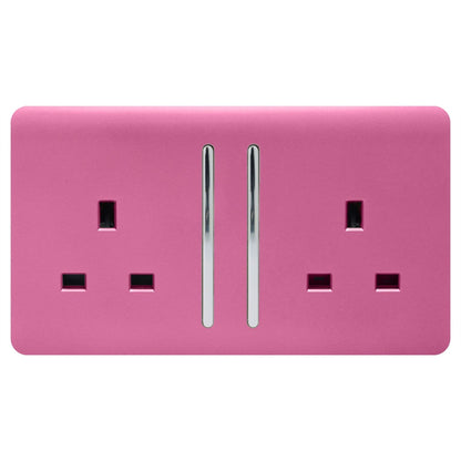 Trendi 2 Gang Raised Artistic Modern Glossy Screwless 13 Amp Single Pole with Chrome Switched UK Standard Electrical Double Wall Plug Socket in Candy Pink - ART-SKT213LPK