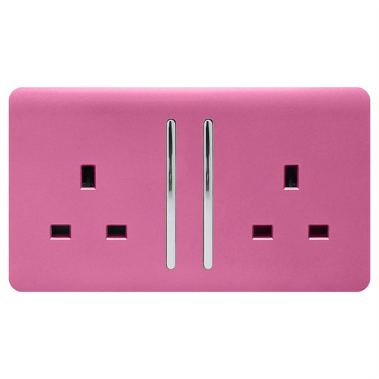 Trendi 2 Gang Raised Artistic Modern Glossy Screwless 13 Amp Single Pole with Chrome Switched UK Standard Electrical Double Wall Plug Socket in Candy Pink - ART-SKT213LPK