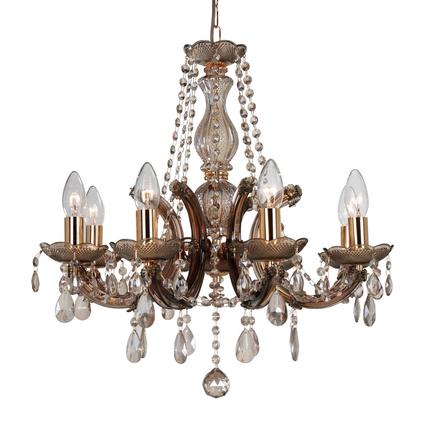 Deco Gabrielle Chandelier with Acrylic Sconce & Glass Droplets 8 Light E14 Mink Finish