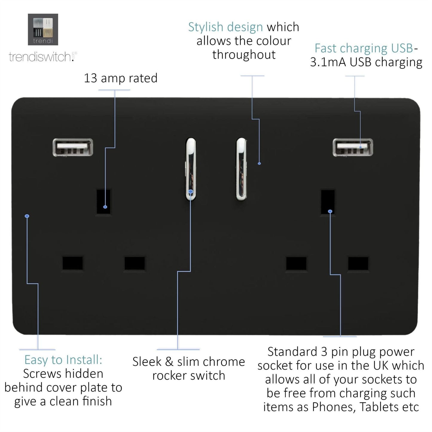 Trendi 2 Gang Artistic Modern Glossy 13 Amp 2 x 3.1mA USB Switched Plug Socket Matt Black