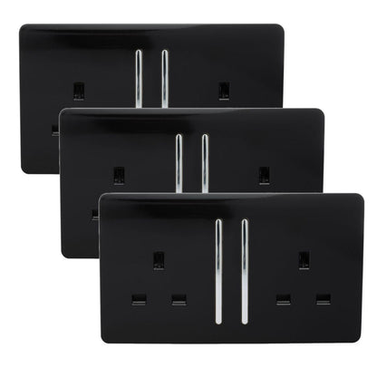 Trendi 2 Gang Artistic Modern Glossy 13 Amp Switched Tactile Plug Socket Piano Black (3 Pack)