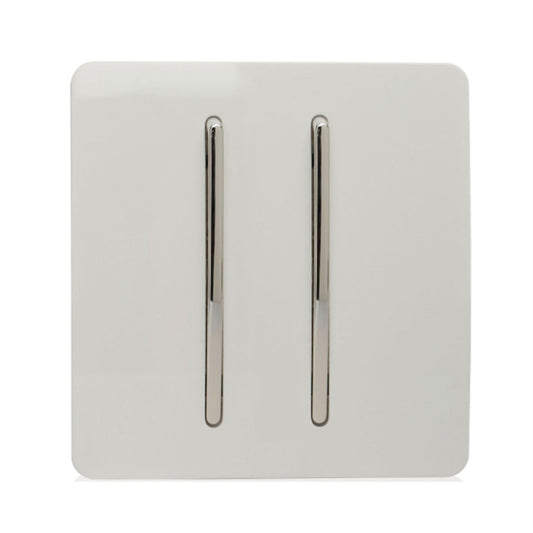Trendi 2 Gang (2 Way & 3 way Intermediate) 240V Screwless Raised Front Plate Plastic Artistic Modern Glossy 10 Amp Chrome Rocker Double Electrical Wall Light Switch Ice White - ART-SS29WH