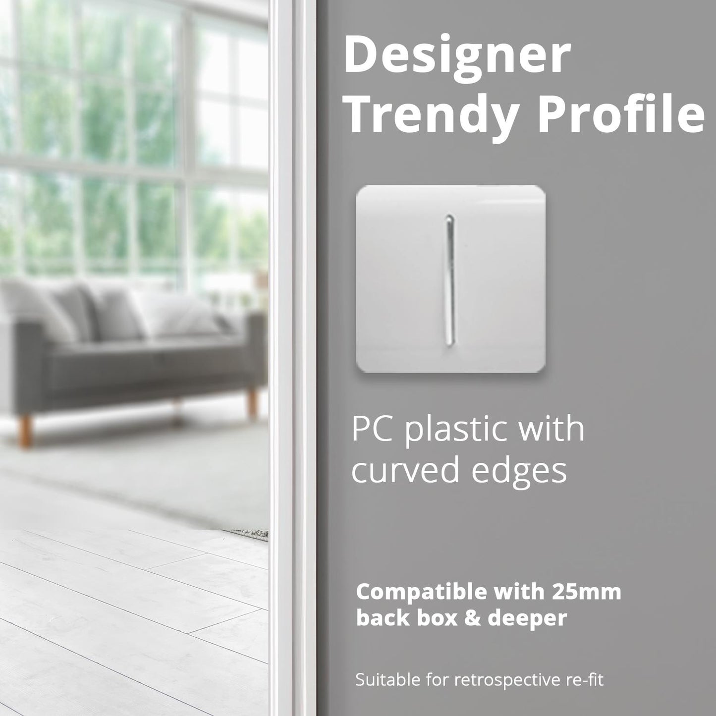 Trendi 1 Gang 2 Way 240V Screwless Artistic Modern Glossy 10 Amp Chrome Rocker Electrical Wall Light Switch in Ice White (5 pack)