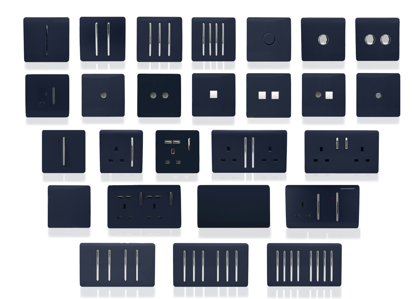 Trendi 2 Gang Artistic Modern Glossy 13 Amp Switched Tactile Plug Socket Navy (5 Pack)
