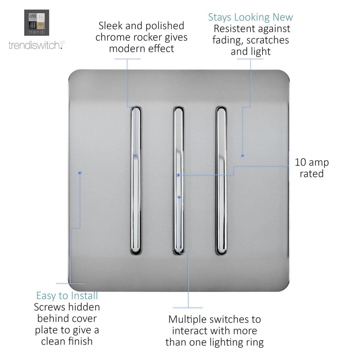 Trendi 3 Gang 2 Way Artistic Modern Glossy 10 Amp Rocker Tactile Light Switch Stainless Steel