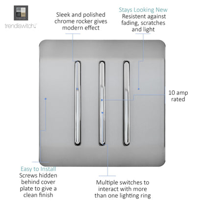 Trendi 3 Gang 2 Way Artistic Modern Glossy 10 Amp Rocker Tactile Light Switch Stainless Steel