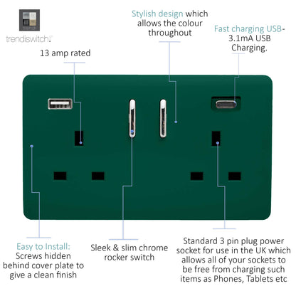 Trendi 2 Gang Artistic Modern Glossy 13 Amp 2 x Type A & C 3100 mA USB Switched Plug Socket Dark Forest Green