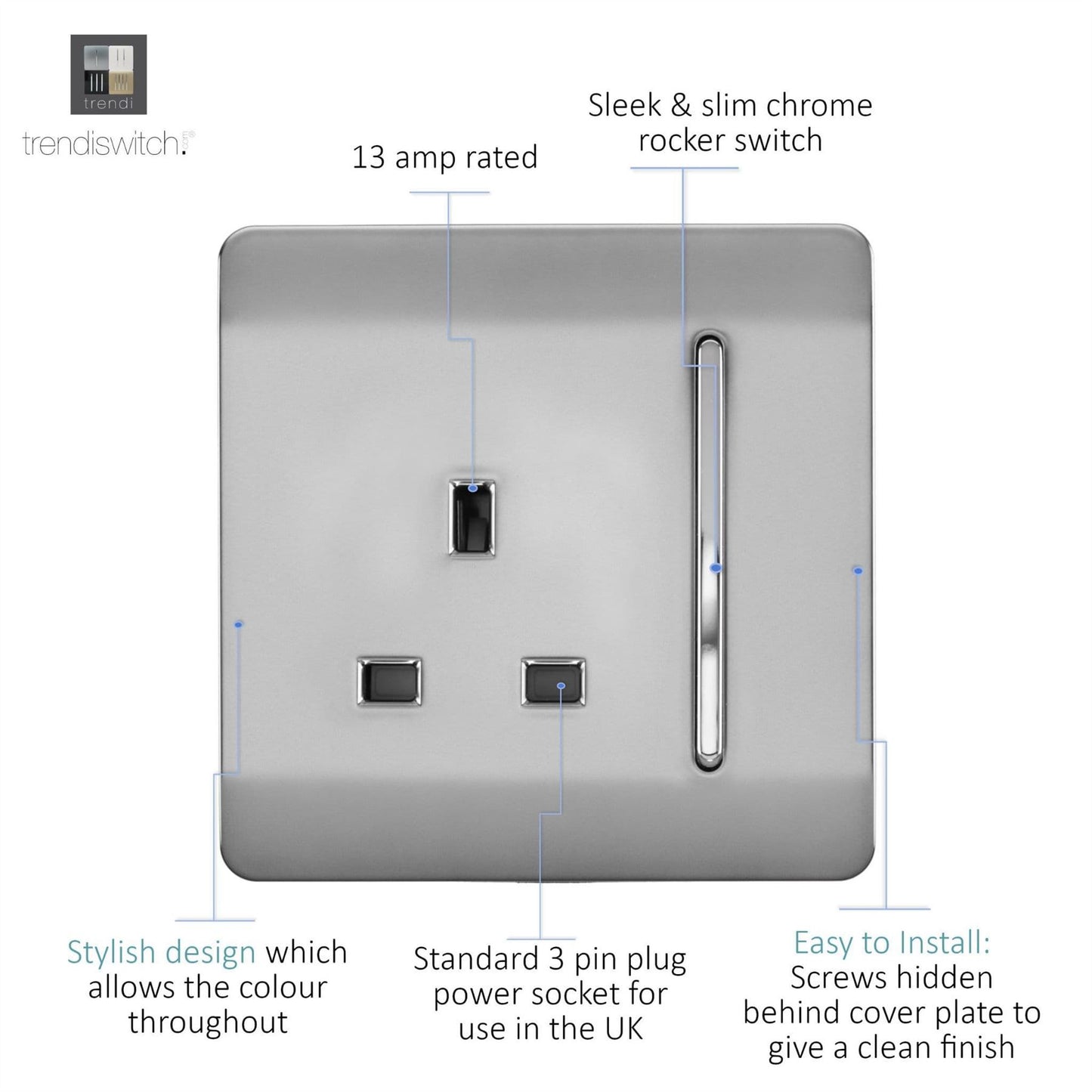 Trendi 1 Gang Artistic Modern Glossy 13 Amp Switched Tactile Plug Socket Stainless Steel