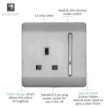 Trendi 1 Gang Artistic Modern Glossy 13 Amp Switched Tactile Plug Socket Stainless Steel