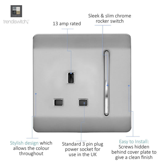 Trendi 1 Gang Artistic Modern Glossy 13 Amp Switched Tactile Plug Socket Stainless Steel