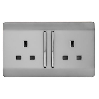 Trendi 2 Gang Artistic Modern Glossy 13 Amp Long Switched Tactile Plug Socket Stainless Steel (7 Pack)