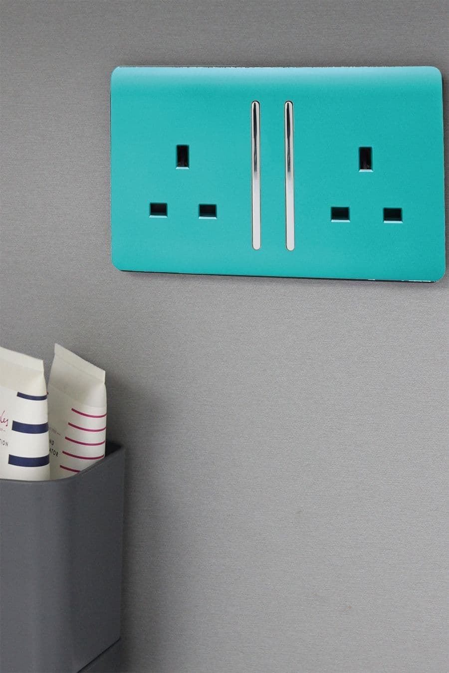 Trendi 2 Gang Raised Artistic Modern Glossy Screwless 13 Amp Single Pole with Chrome Switched UK Standard Electrical Double Wall Plug Socket in Bright Teal - ART-SKT213LBT